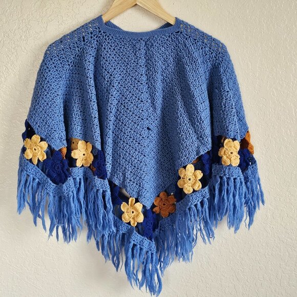 Girls Handmade Blue Crochet Shawl Fringe Floral One Size Stylish Acrylic Blend - Picture 4 of 6